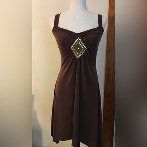 VENUS Brown Sleeveless Mini Dress with Beaded Diamond Accent